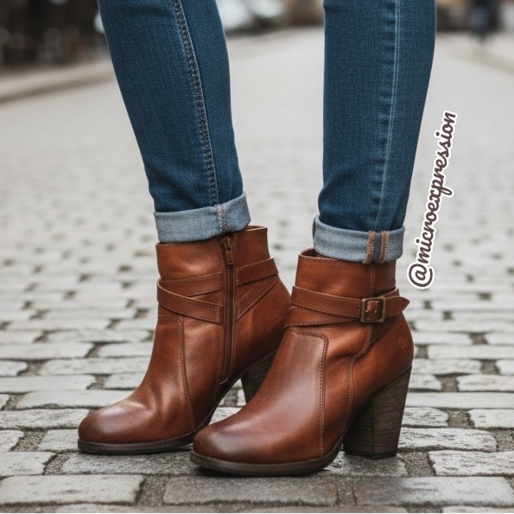 Frye Pattie Cognac Leather Belt Cute Ankle Booties